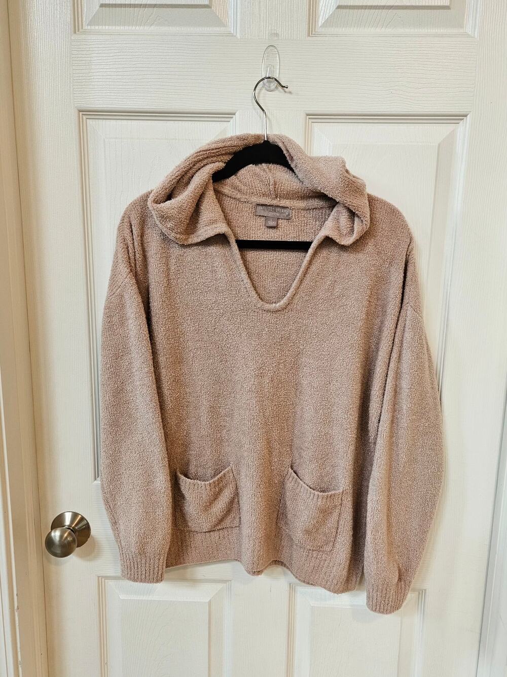 Barefoot Dreams CozyChic Lite Hooded Pullover Sweater Almond Beige L Pockets